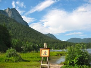 Art vacation at Lake Hintersee in Germany, easel by the water