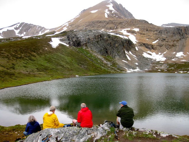 Hikers at Helen Lake in the Rocky Mountains