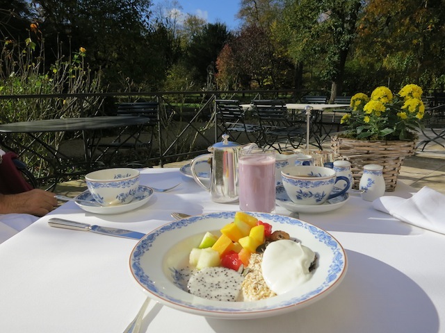 Baden-Baden honeymoon at Brenners Park, morning breakfast on the patio