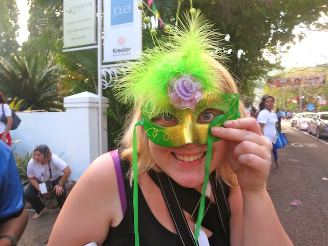 Girl in green mask at Seychelles Carnival