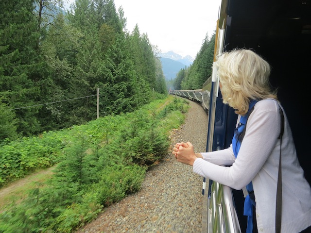 Wandering Carol on the Rocky Mountaineer train