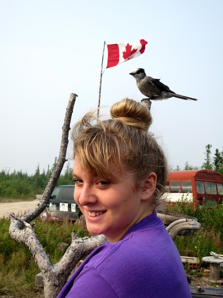 Girl with bird on her head at Big Sky Expeditions in Churchill