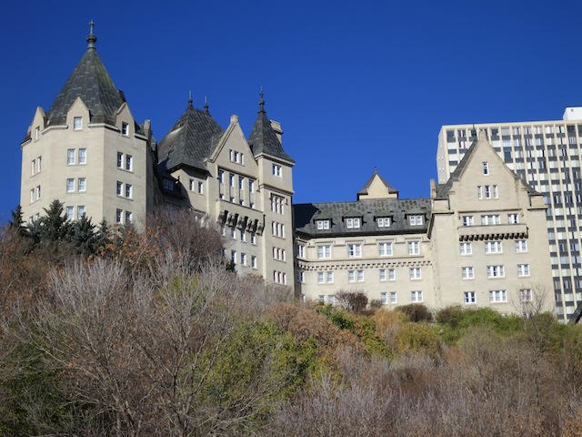 The Fairmont Hotel Macdonald in Edmonton from the riverbank