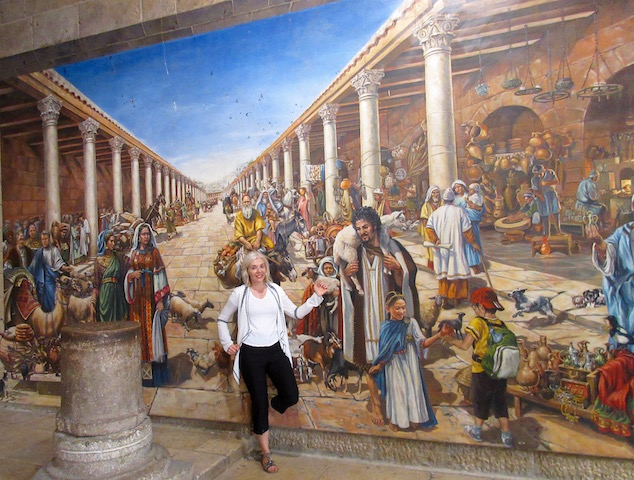 Cardo Jerusalem mural with Wandering Carol
