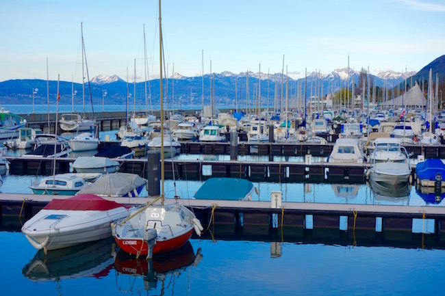 Evian les Bains marina and Lake Geneva with boats