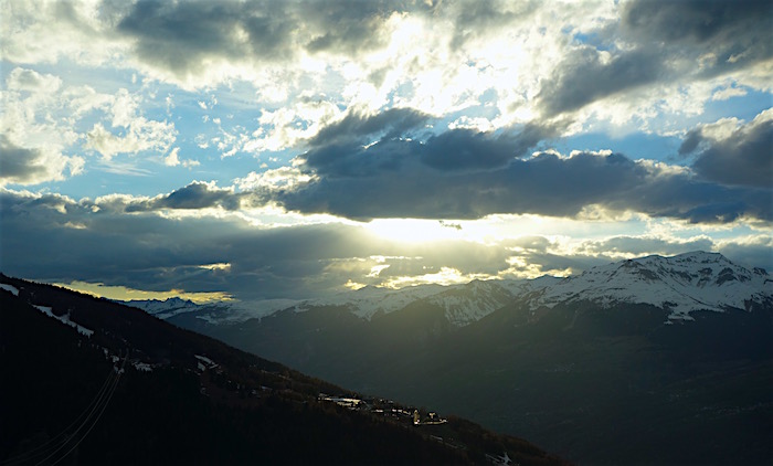 Skiing in the Alps, a French Savoy region sunset