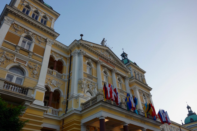 Columns and elaborate facade of the Ensana Nove Lazne Hotel.