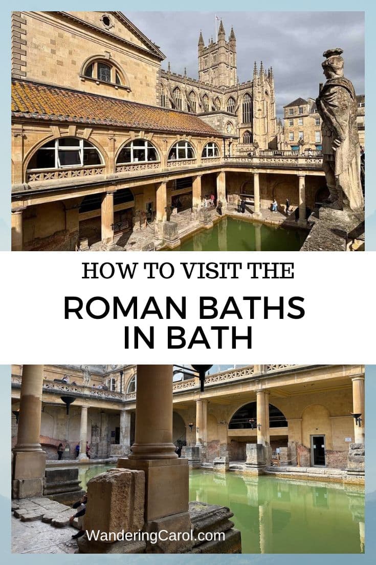 Green water of the Roman baths with Bath Abbey behind.