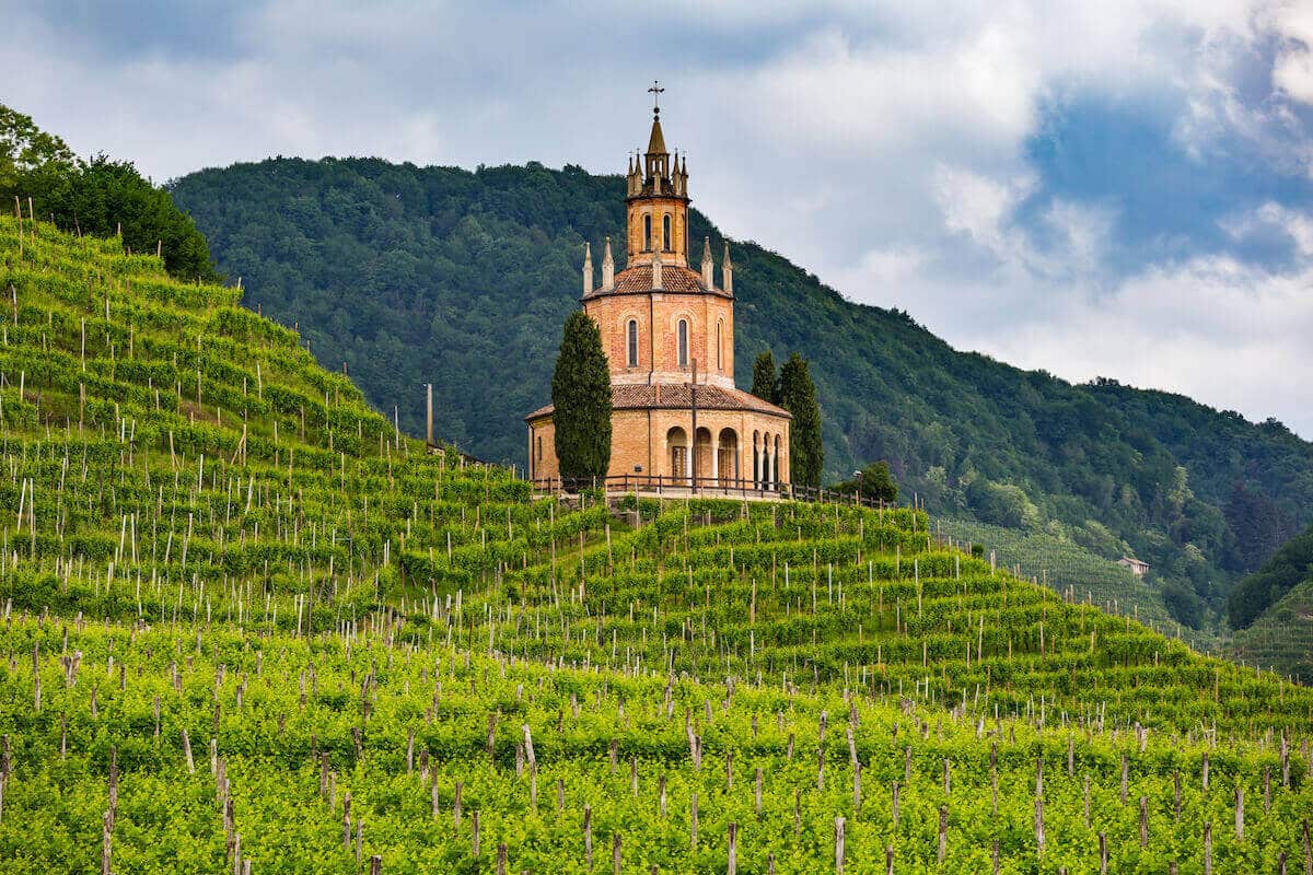 Vineyards and church in the Italian wine region of Veneto