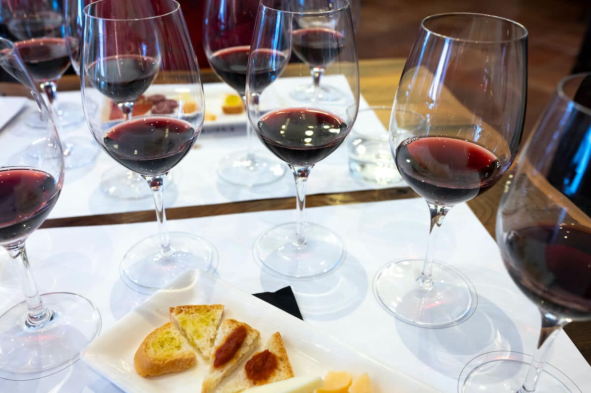 Wine glasses with red wines at a wine tasting in Montepulicano 