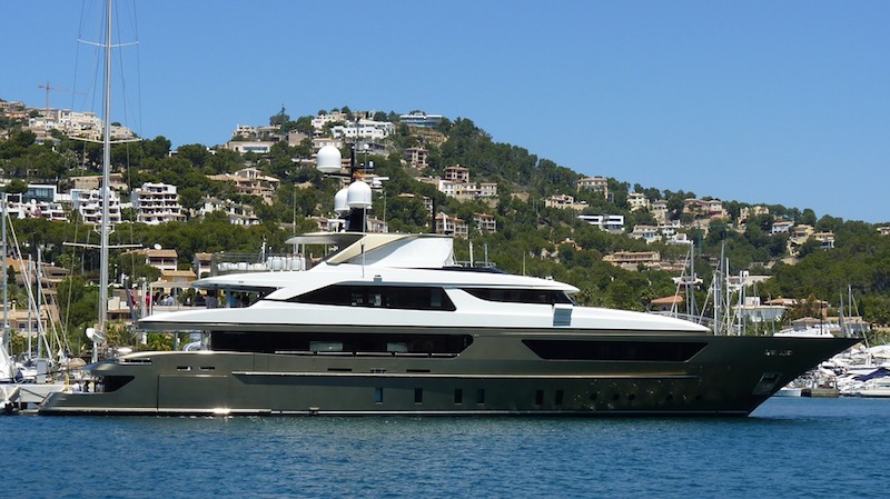 Luxury yacht in the Balearic Islands with hills behind