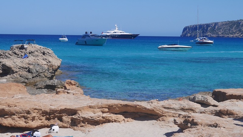 Yachts off the shore in Ibiza.