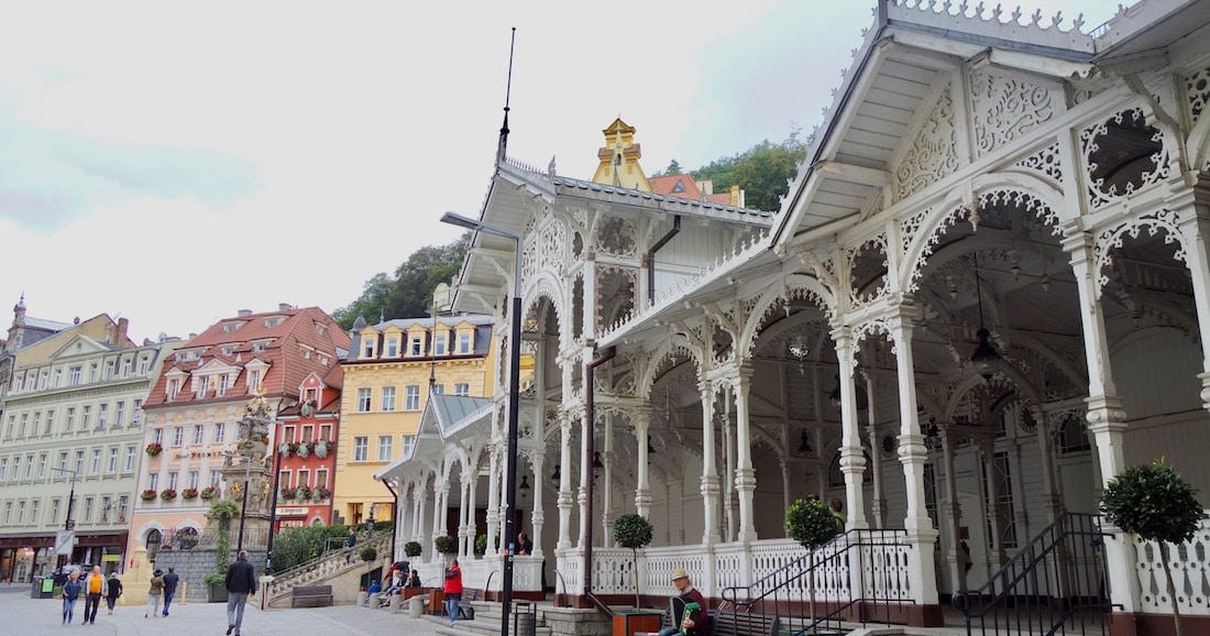 Czech Republic spa, Karlovy Vary hot springs fountains in gazebo