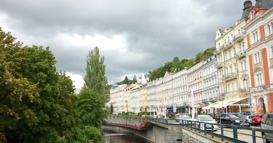 Promenade in Karlovy Vary with pastel buildings