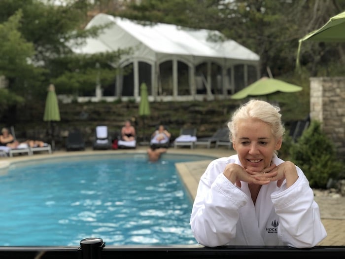 Wandering Carol at the outdoor pool at Hockley Valley Resort