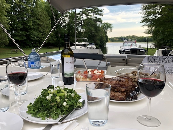 Dinner onboard our Le Boat Canada rental on the Rideau Canal