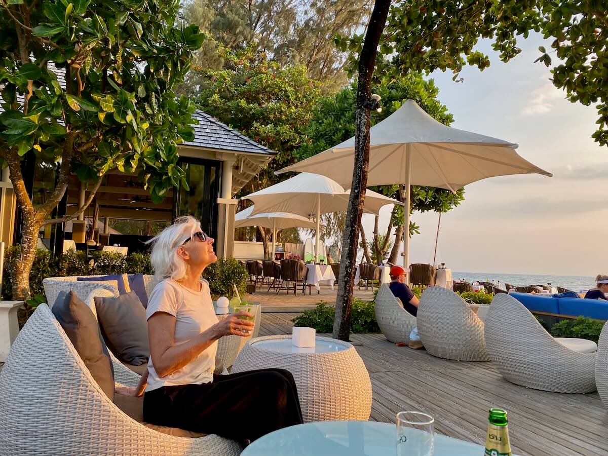 Wandering Carol at a lounge at a top beach resort in Thailand.