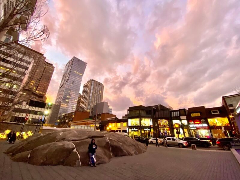 Pink sunset in Yorkville Village Park in Toronto