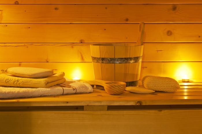 German sauna interior with accessories