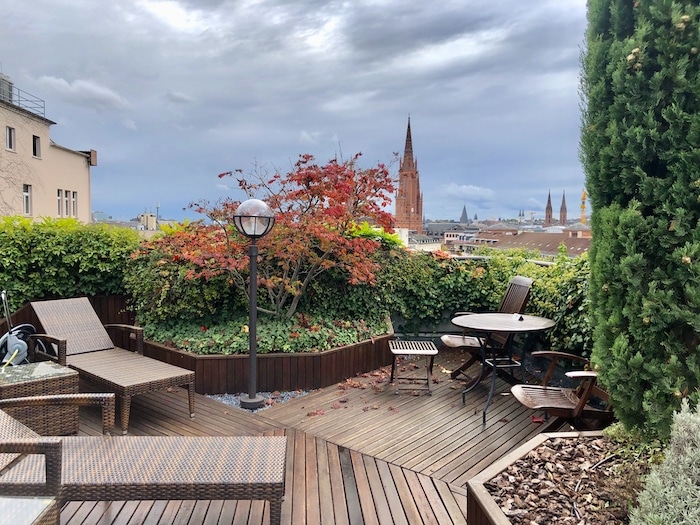 Terrace at the Nassauer Hof spa overlooking the Market Church in Wiesbaden Germany