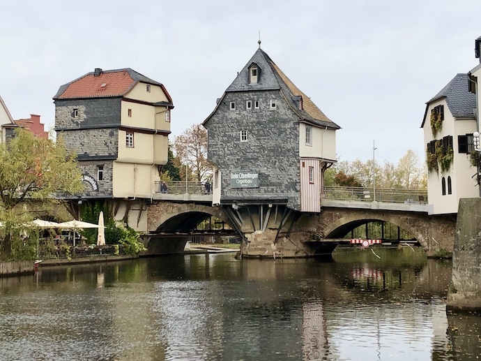 Old bridge houses on the famous Alte Nahebruecke in Bad Kreuznach Germany