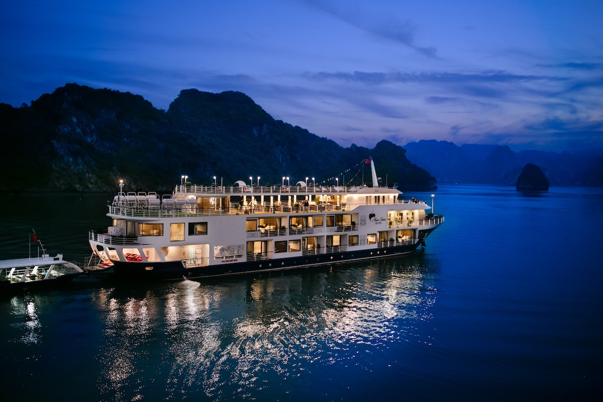 luxury cruise ship in halong bay vietnam at night