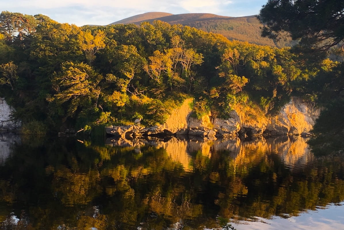 late afternoon golden light on a lake in killarney national park in ireland