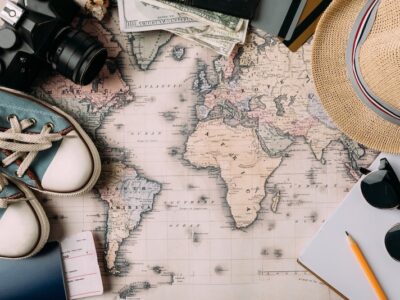 inspirational map with travel accessories