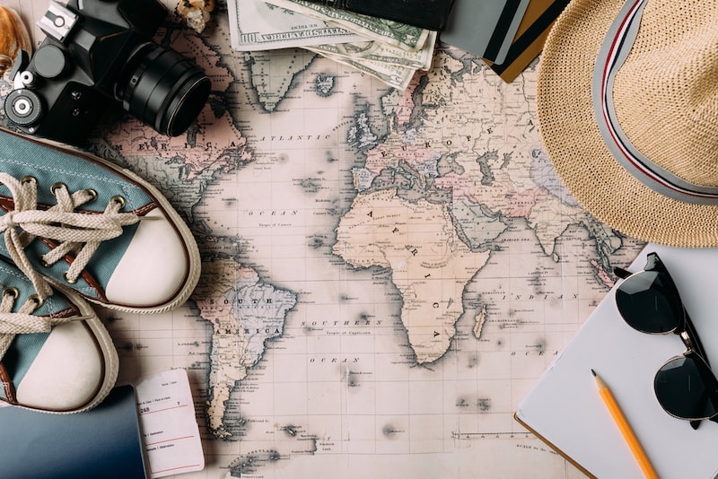inspirational map with travel accessories