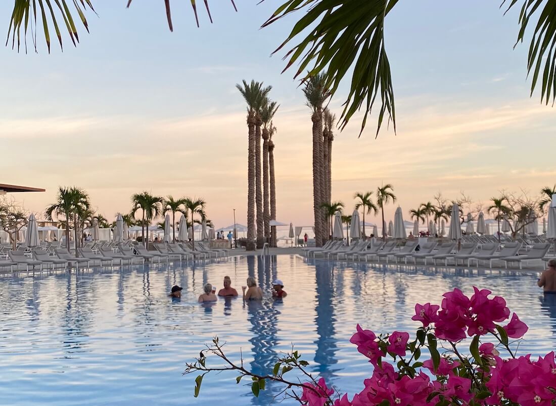 Peach sunset with pool, palms and flowers