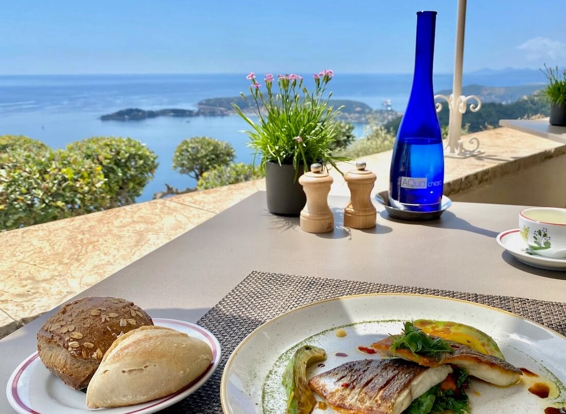 Lunch of sea bream at the 5 star Chateau Chevre d'or hotel in Eze