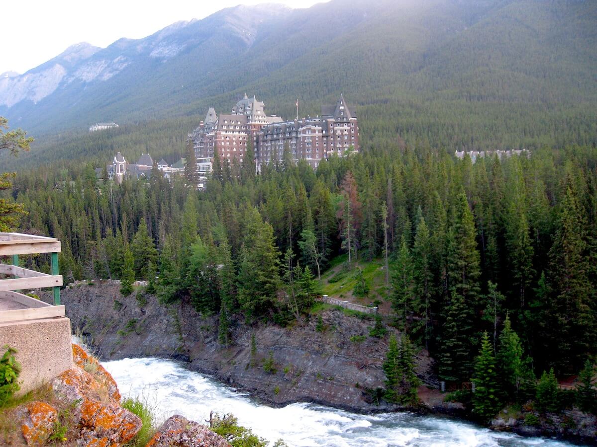 Fairmont Banff Springs Hotel from opposite the Bow River
