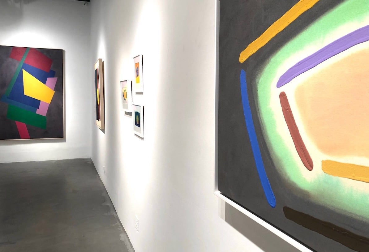 Abstract paintings by art William Perehudoff at a gallery in Chelsea