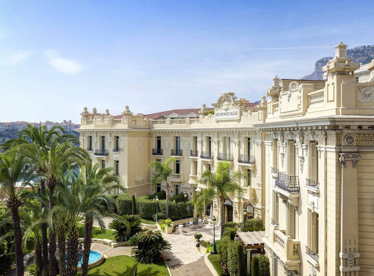 Elegant facade of the five star Hotel Hermitage in Monaco on the French Riviera