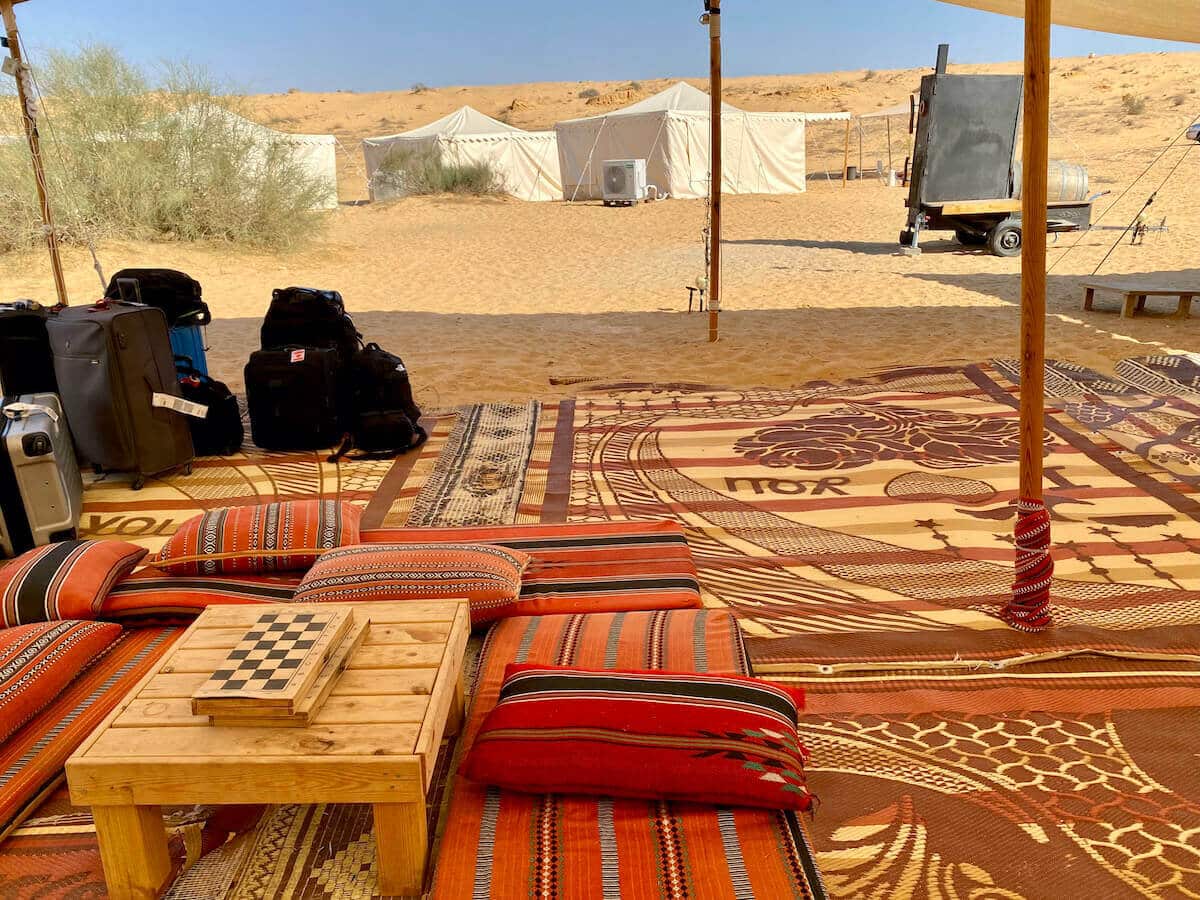 Colorful lounge area at Desert Adventure Glamping site