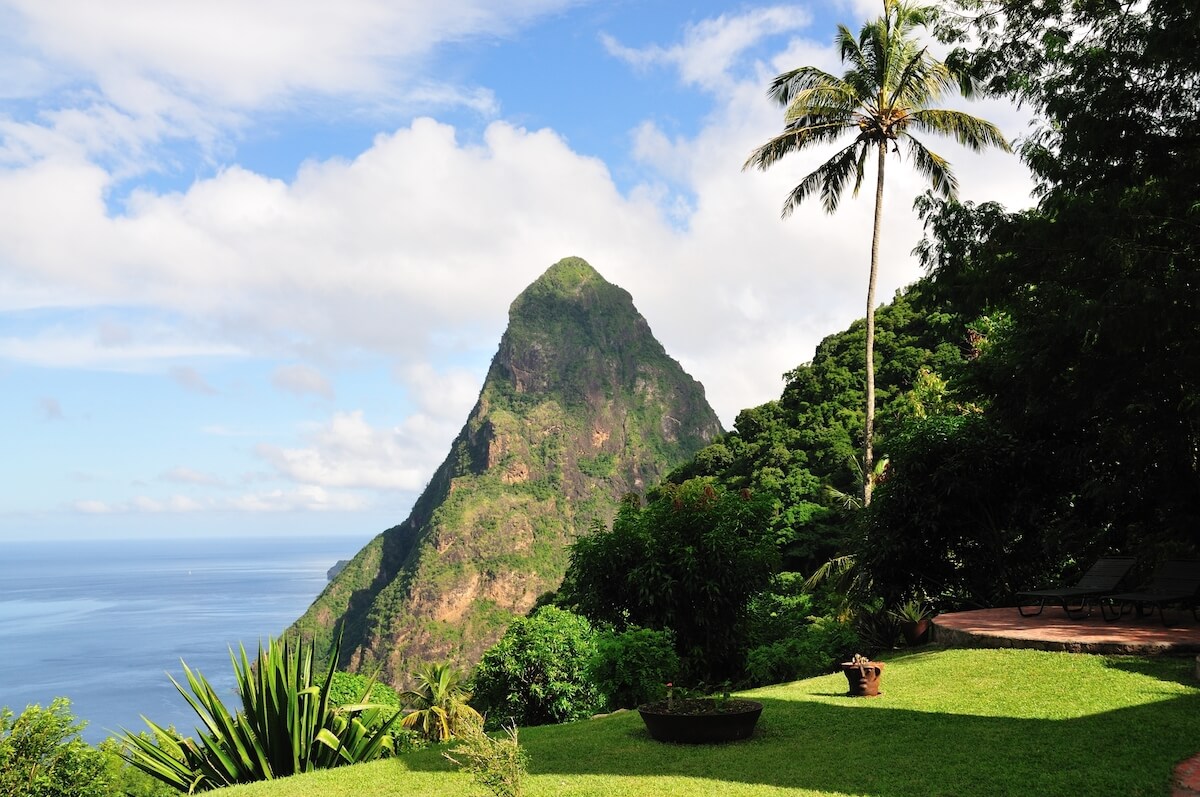 View of the sea from St Lucia with the Petit Piton mountain