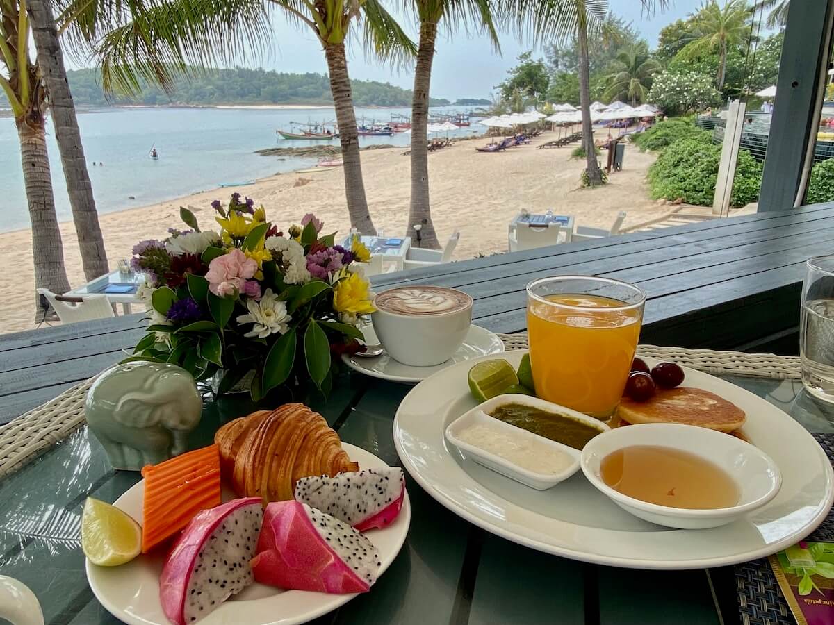 Fruit and croissants at a resort overlooking the Gulf of Thailand