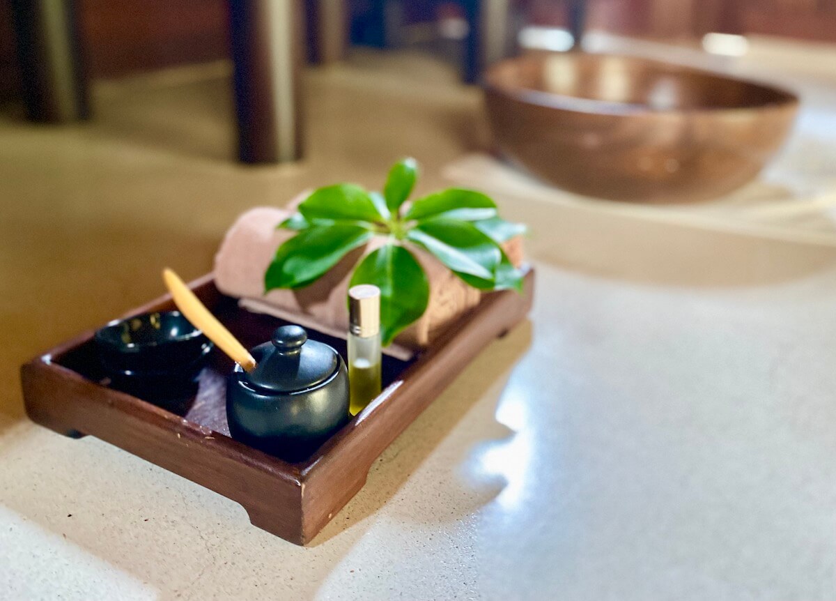 spa tray with flower and black pot