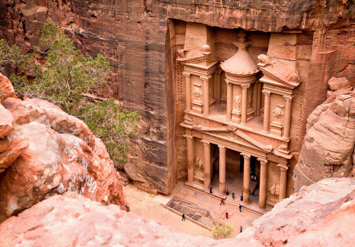 Petra carved from pink rock in Jordan.