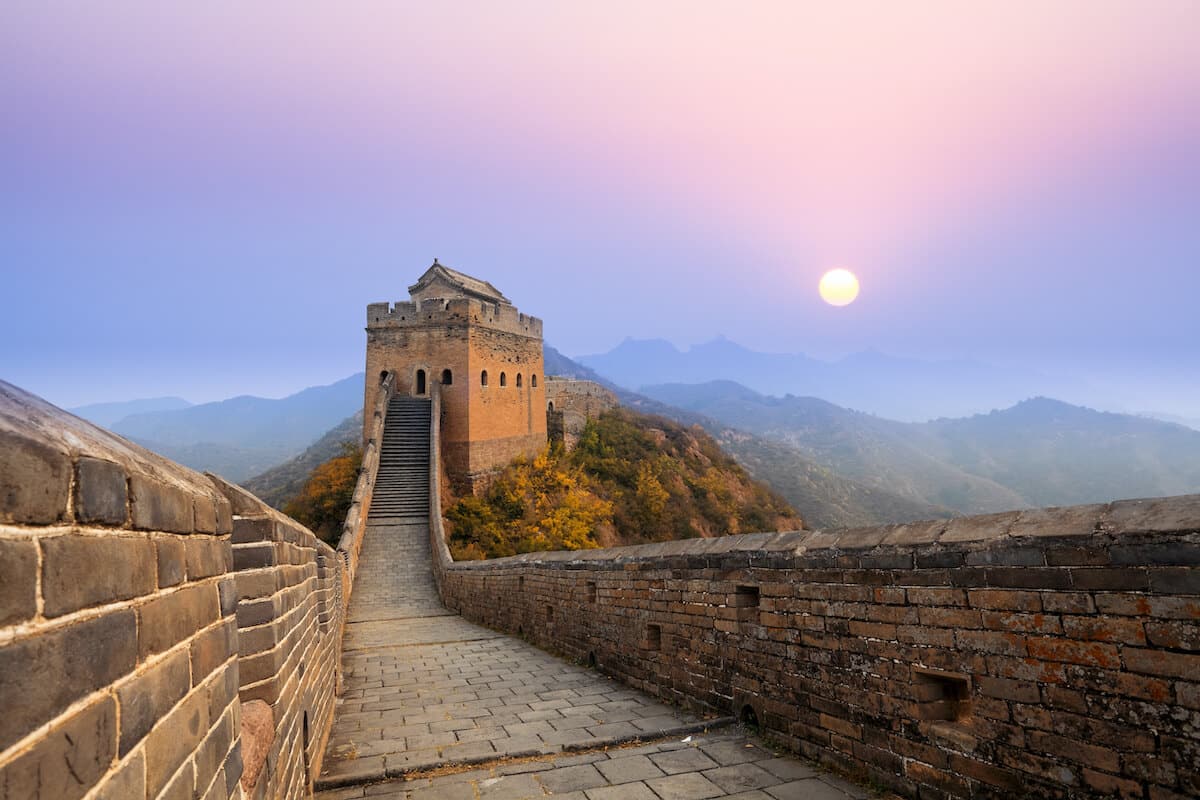 The Great Wall of China at dusk.