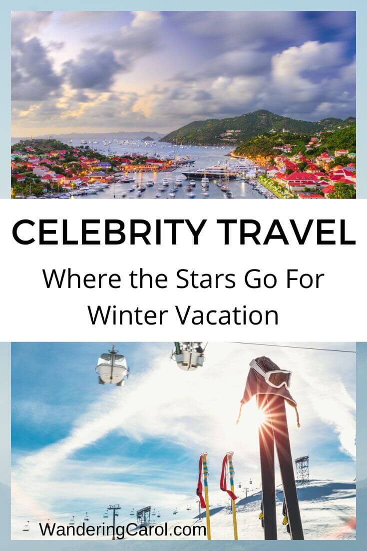 Celebrity travel destinations shots of sun and snow.