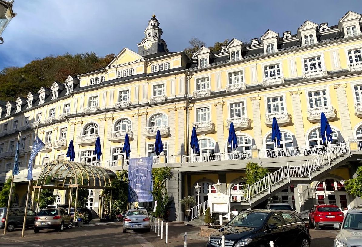 Neo-Classical exterior of Hackers Hotel in Bad Ems, a Great Spa Town of Europe.