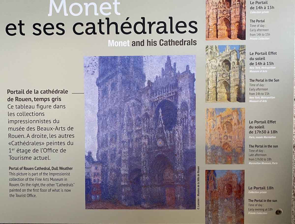 Sign showing different variations of Monet's Rouen Cathedral Series.