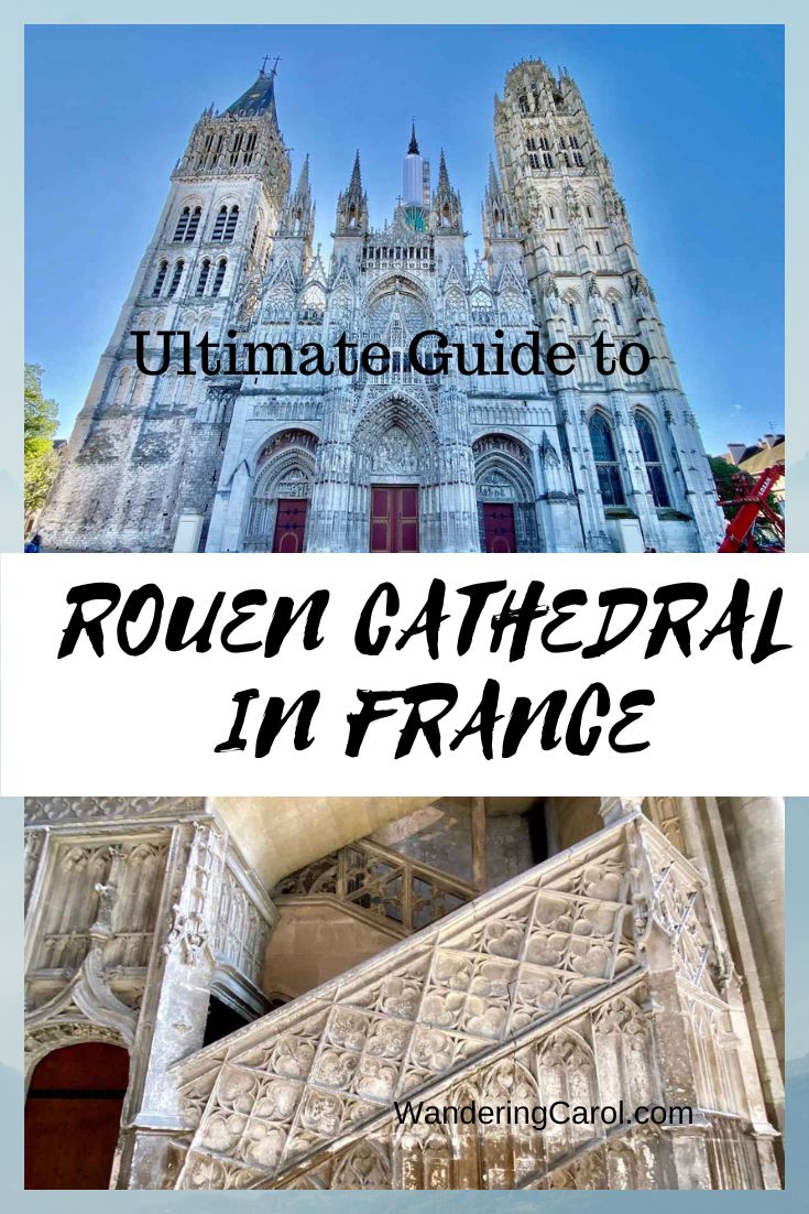 The stone Booksellers' Staircase and exterior of Rouen Cathedral.